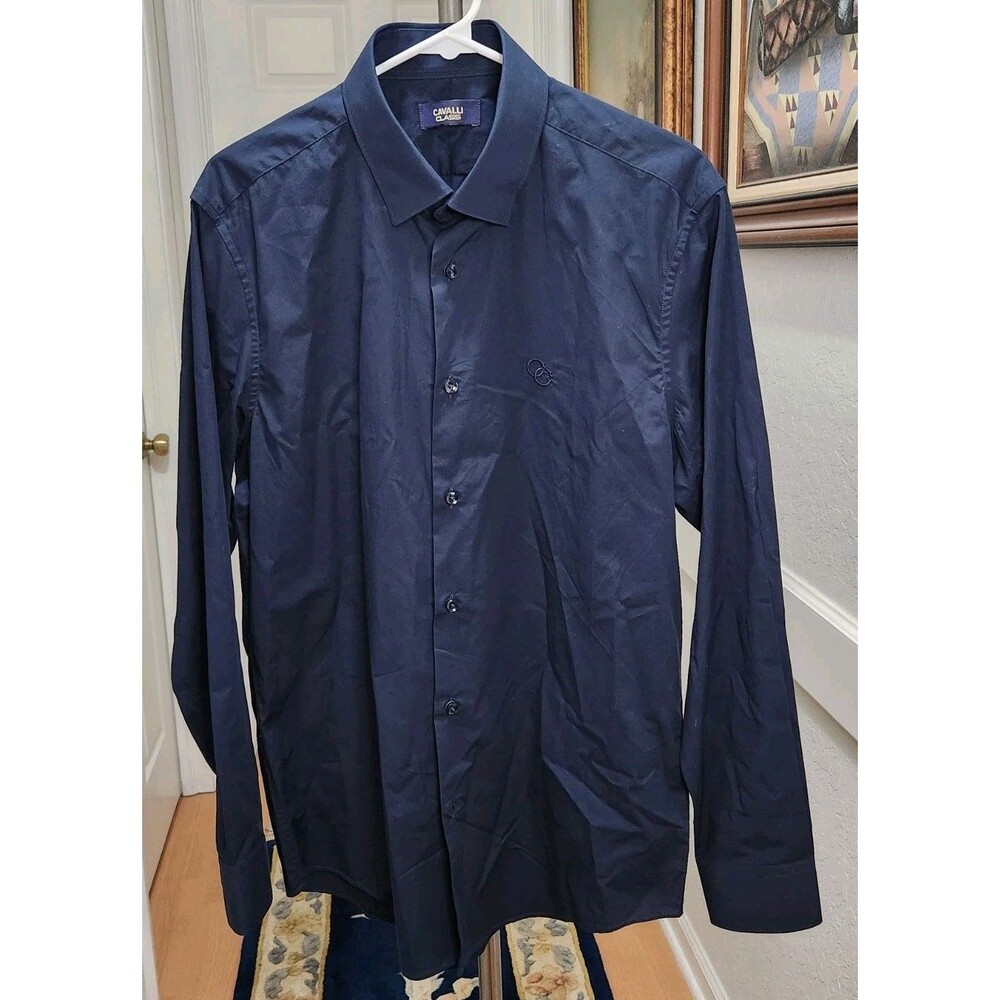 Roberto Cavalli Class Mens Button Down Long Sleeve Dress Shirt Size 42 16.5 Navy